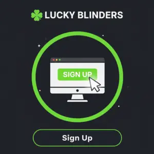 The Lucky Blinders logo is shown above a computer screen with a green "Sign Up" button, urging users to register for an account.