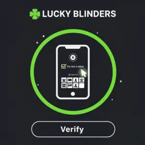 The Lucky Blinders logo appears above a phone with a "Verify" screen, prompting users to verify their identity by completing the CAPTCHA challenge.