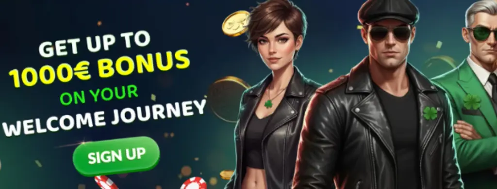 The Lucky Blinders promotion highlights a bonus offer with characters, encouraging users to sign up and claim up to €1000 in bonuses.
